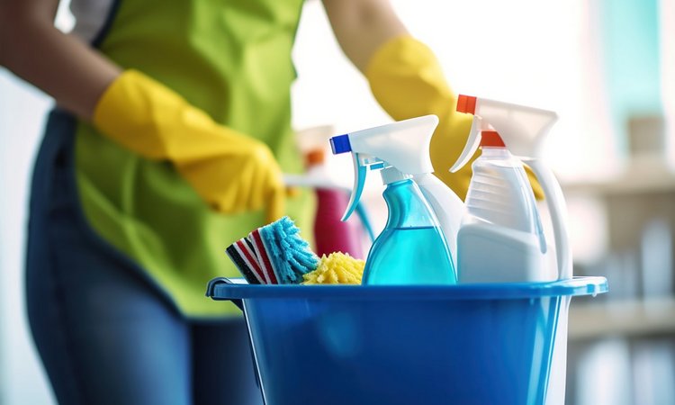 Eine Frau mit gelben Handschuhen und Schürze steht hinter einem Putzeimer mit Reinigungsmitteln