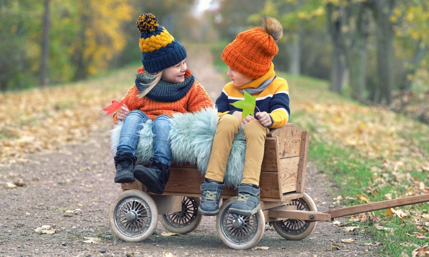 Zwei Kinder sitzen in einem Holzbollerwagen auf einer herbstlichen Allee